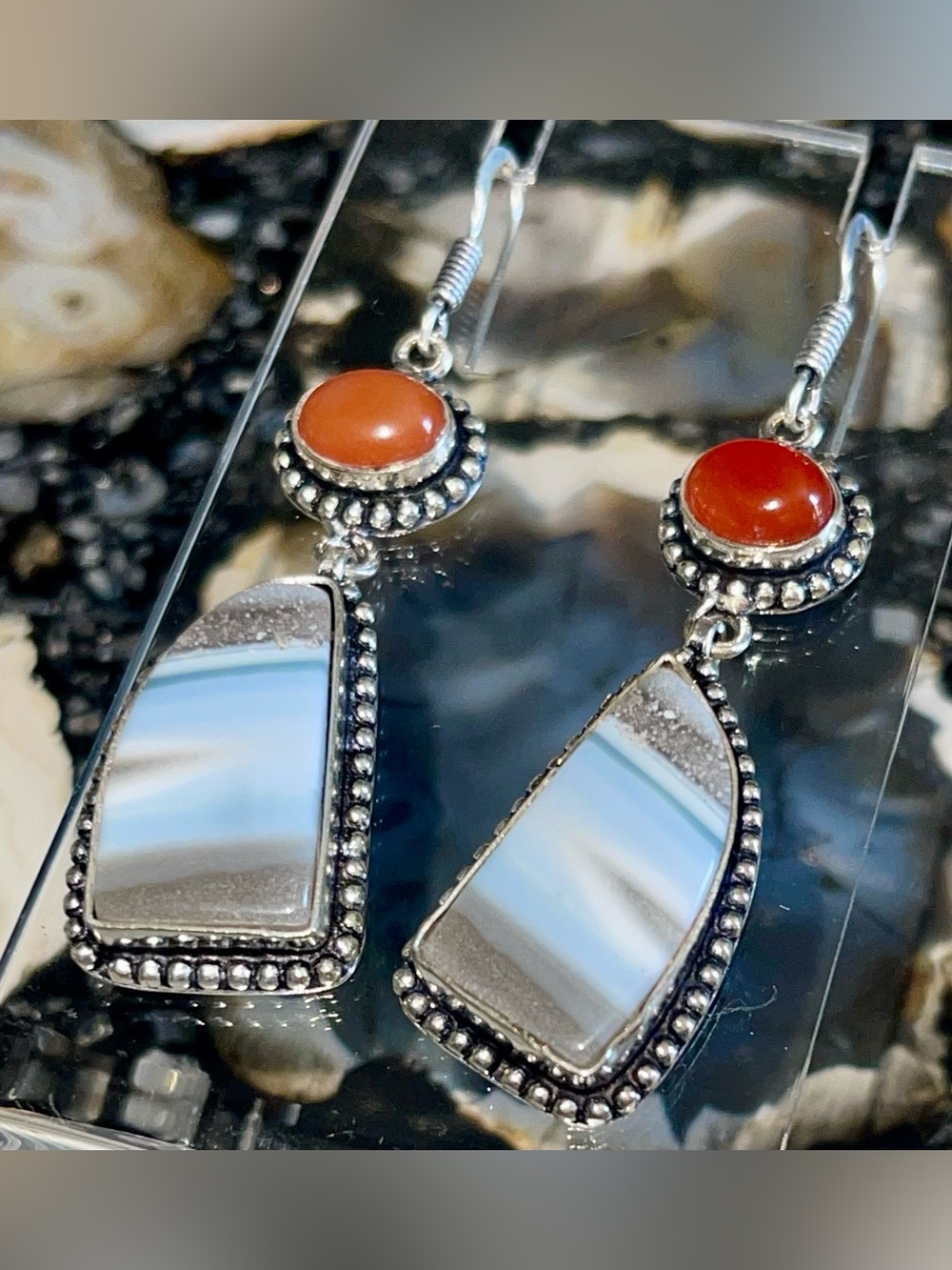 Blue Owyhee Opal & Carnelian Earrings 2 1/2”
